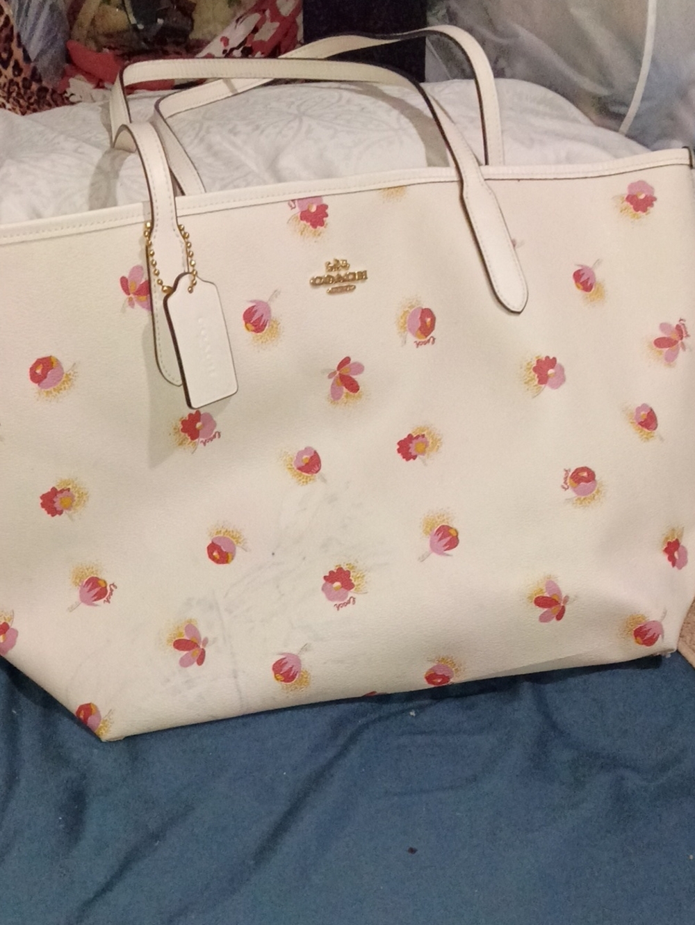 Coach City Tote Bag with Floral Print White & Pink